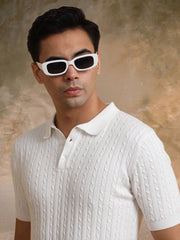 Ribbed Knit White Polo Half Sleeve T-Shirt