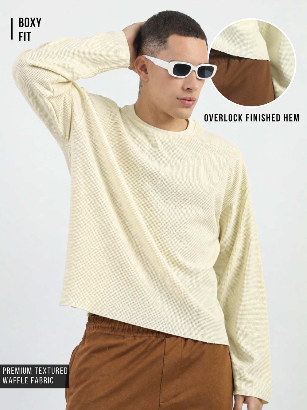 Cream Raw Edges Full Sleeve T-Shirt