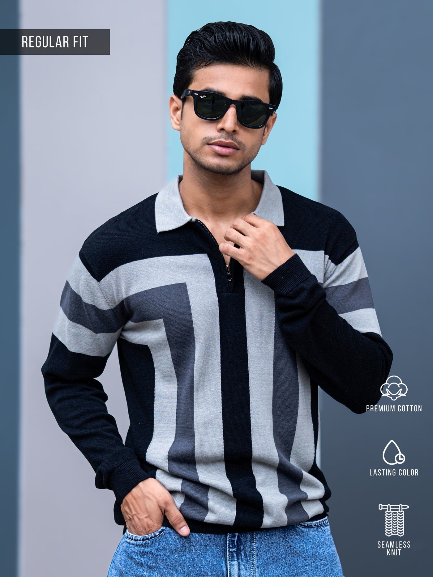 L Block Black Full Sleeve Polo T-Shirt