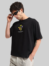 Flower Embroidery Black Half Sleeve T-Shirt