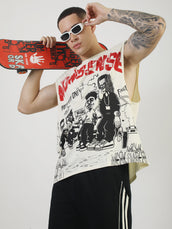 Nonsense Print Cream, Black Sleeveless T-Shirt