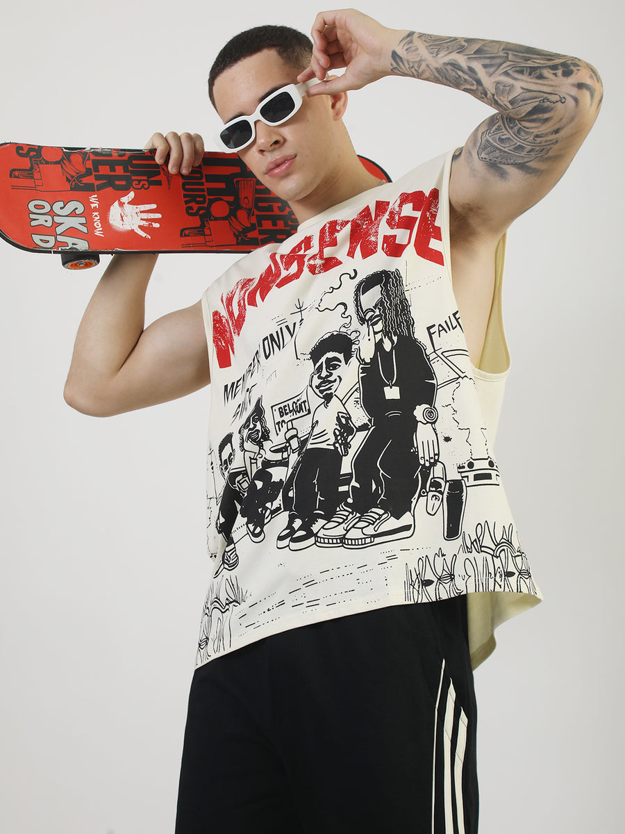Nonsense Print Cream, Black Sleeveless T-Shirt