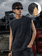 Washed Stud Black Sleeveless T-Shirt