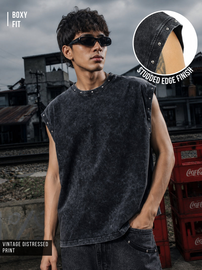 Washed Stud Black Sleeveless T-Shirt