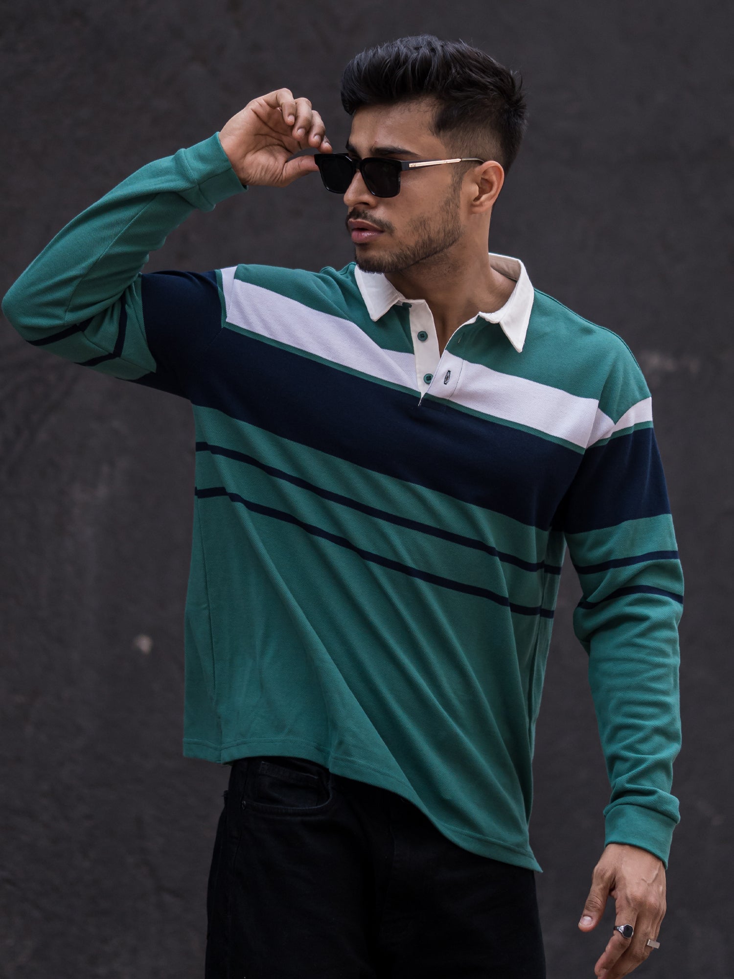 Auto Striped Green Navy Polo T-Shirt