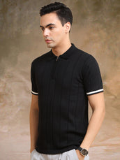 Black half sleeve drop needle flatknit polo t-shirt for men - view 3