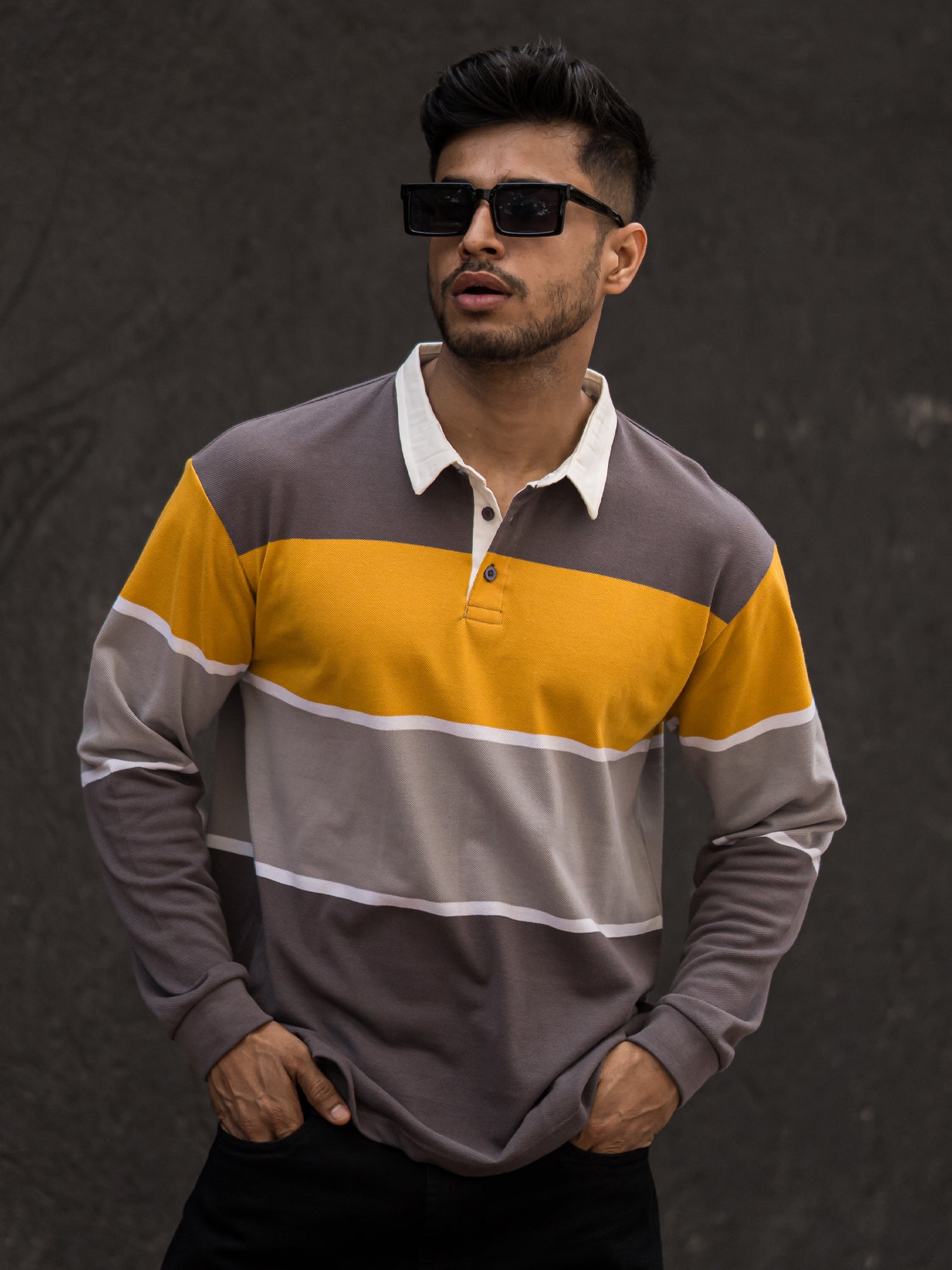 Auto Striped Grey Yellow Polo T-Shirt