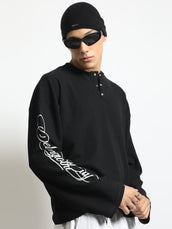 Black Waffle Sleeve Print Full Sleeve T-Shirt