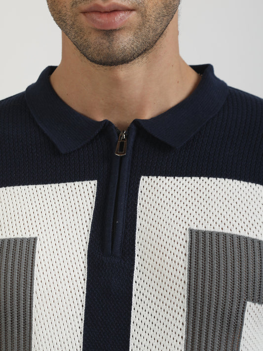 L-Block Navy Cotton Flatknit Half Sleeve Polo T-Shirt
