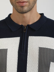 L-Block Navy Cotton Flatknit Half Sleeve Polo T-Shirt