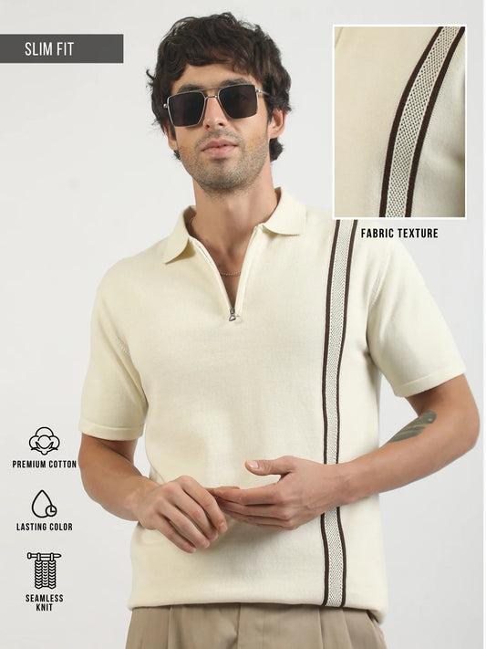 Cream Toronto Line Flat-Knit Half Sleeve Polo T-Shirt