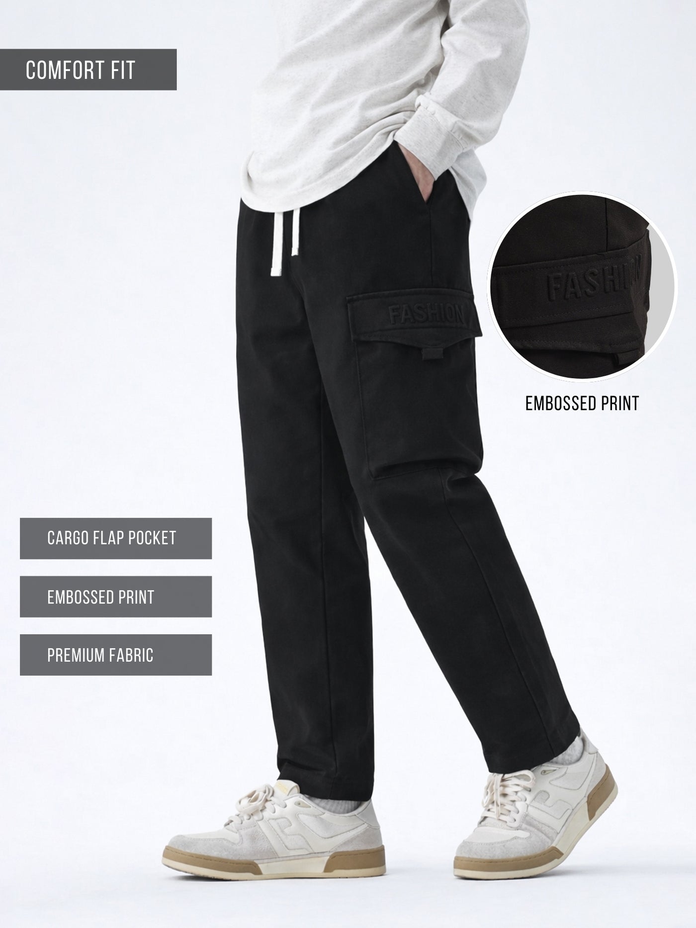 Embossed Flap Pocket Black Cargo
