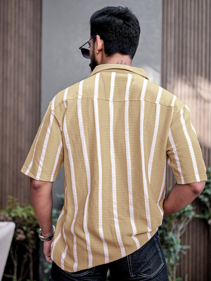 Popcorn Knit Vertical Stripe Beige Shirt