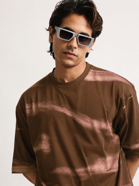 Wave Spray Printed Brown Half Sleeve T-Shirt