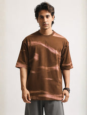 Wave Spray Printed Brown Half Sleeve T-Shirt