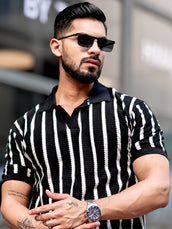 Popcorn Knit Black Polo Half Sleeve T-Shirt