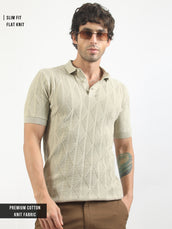 Geo Weave Flatknit Cotton Biscuit Half Sleeve Polo T-Shirt