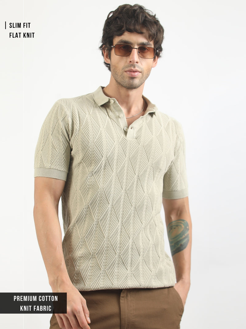 Geo Weave Flatknit Cotton Biscuit Half Sleeve Polo T-Shirt