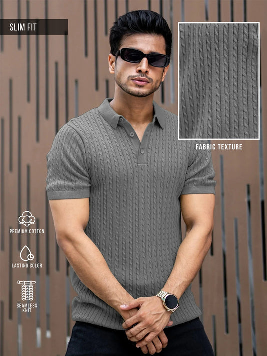 Ribbed Knit Grey Polo Half Sleeve T-Shirt