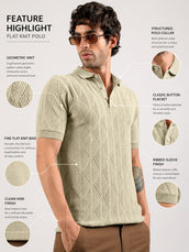 Geo Weave Flatknit Cotton Biscuit Half Sleeve Polo T-Shirt