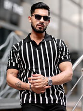 Popcorn Knit Black Polo Half Sleeve T-Shirt