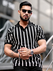 Popcorn Knit Black Polo T-Shirt