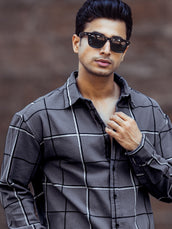 Grey full sleeve embroidery checks shirt for men - view 3