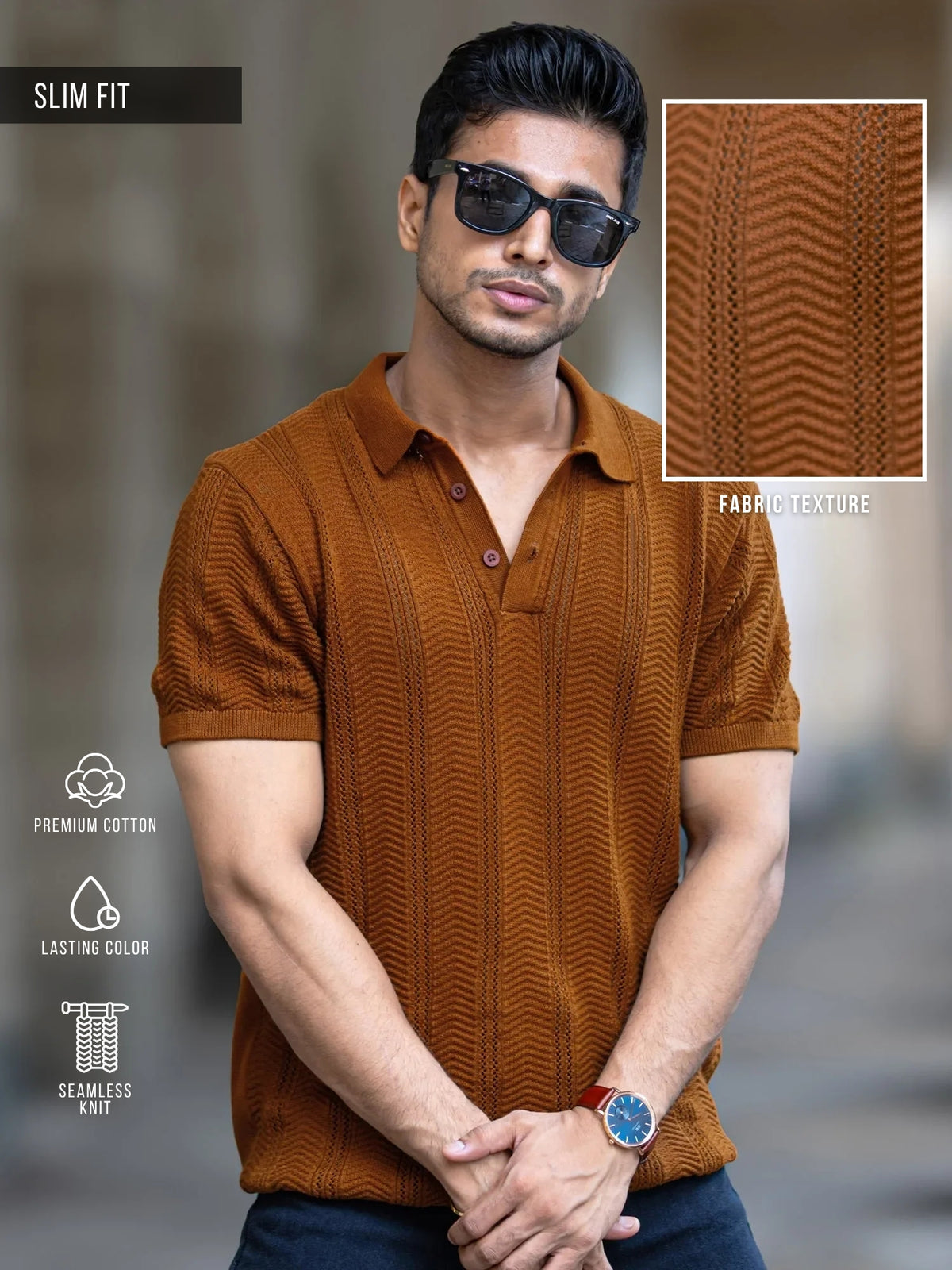 Brown half sleeve bohemian crochet t-shirt for men