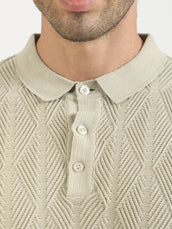 Geo Weave Flatknit Cotton Biscuit Half Sleeve Polo T-Shirt