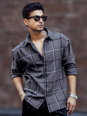 Grey full sleeve embroidery checks shirt for men - view 4
