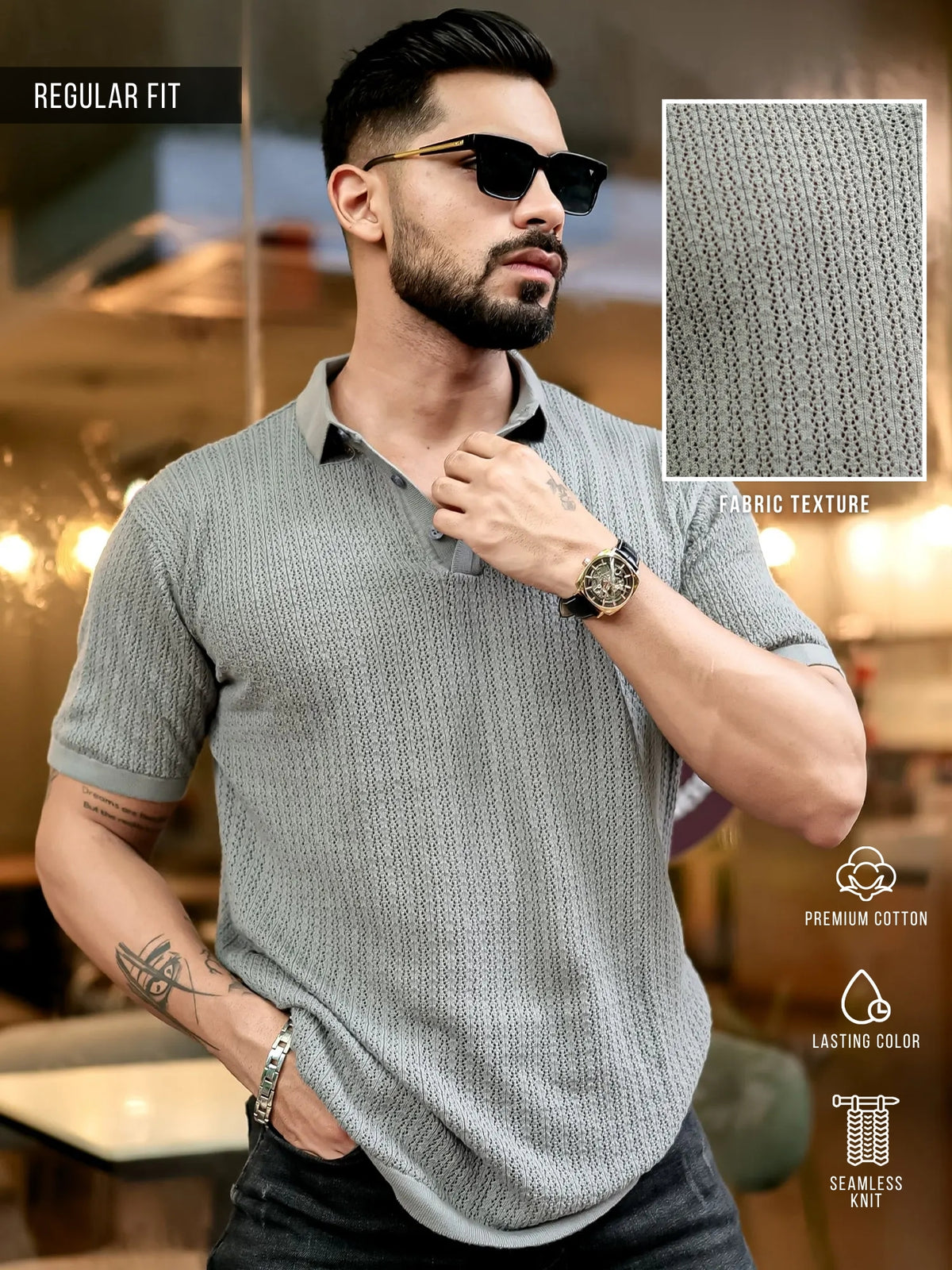 Grey half sleeve classic rib knit polo t-shirt for men