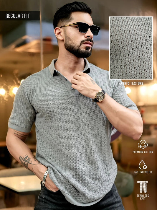 Classic Rib Knit Grey Polo Half Sleeve T-Shirt