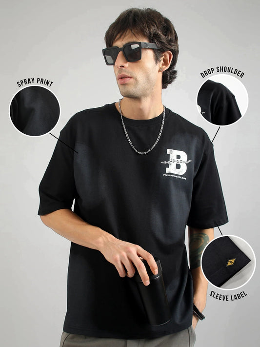 B Print Black Half Sleeve T-Shirt
