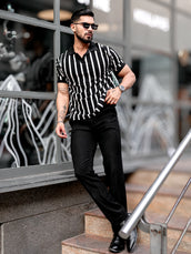 Popcorn Knit Black Polo Half Sleeve T-Shirt