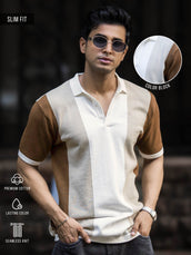 Half white half sleeve colorblock beige polo t-shirt for men