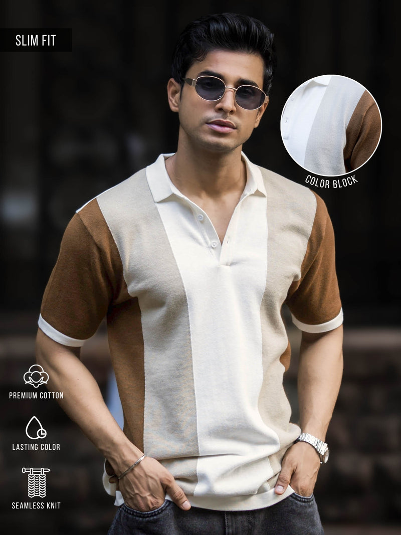 Half white half sleeve colorblock beige polo t-shirt for men