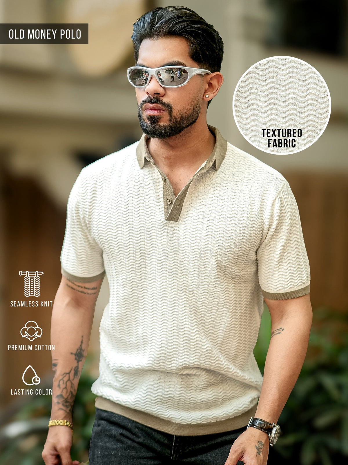 Wave Faltknit White Green Polo T-Shirt