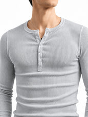 Light Grey Ribbed Henley Neck Full Sleeve T-Shirt