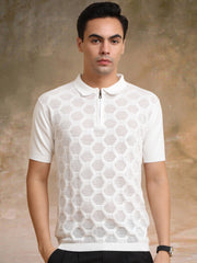 Diamond Knit White Slim Half Sleeve Polo T-Shirt