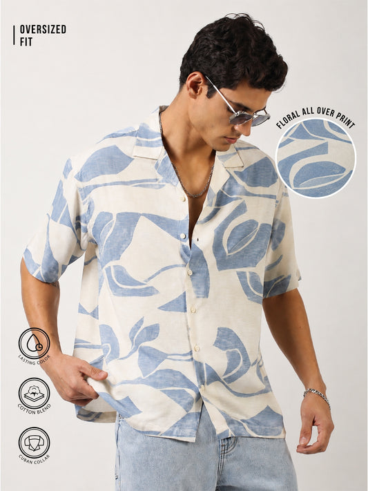 Soft Tropic Resort Cream, Blue Half Sleeve Shirt