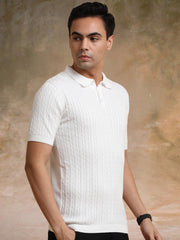 Ribbed Knit White Polo Half Sleeve T-Shirt