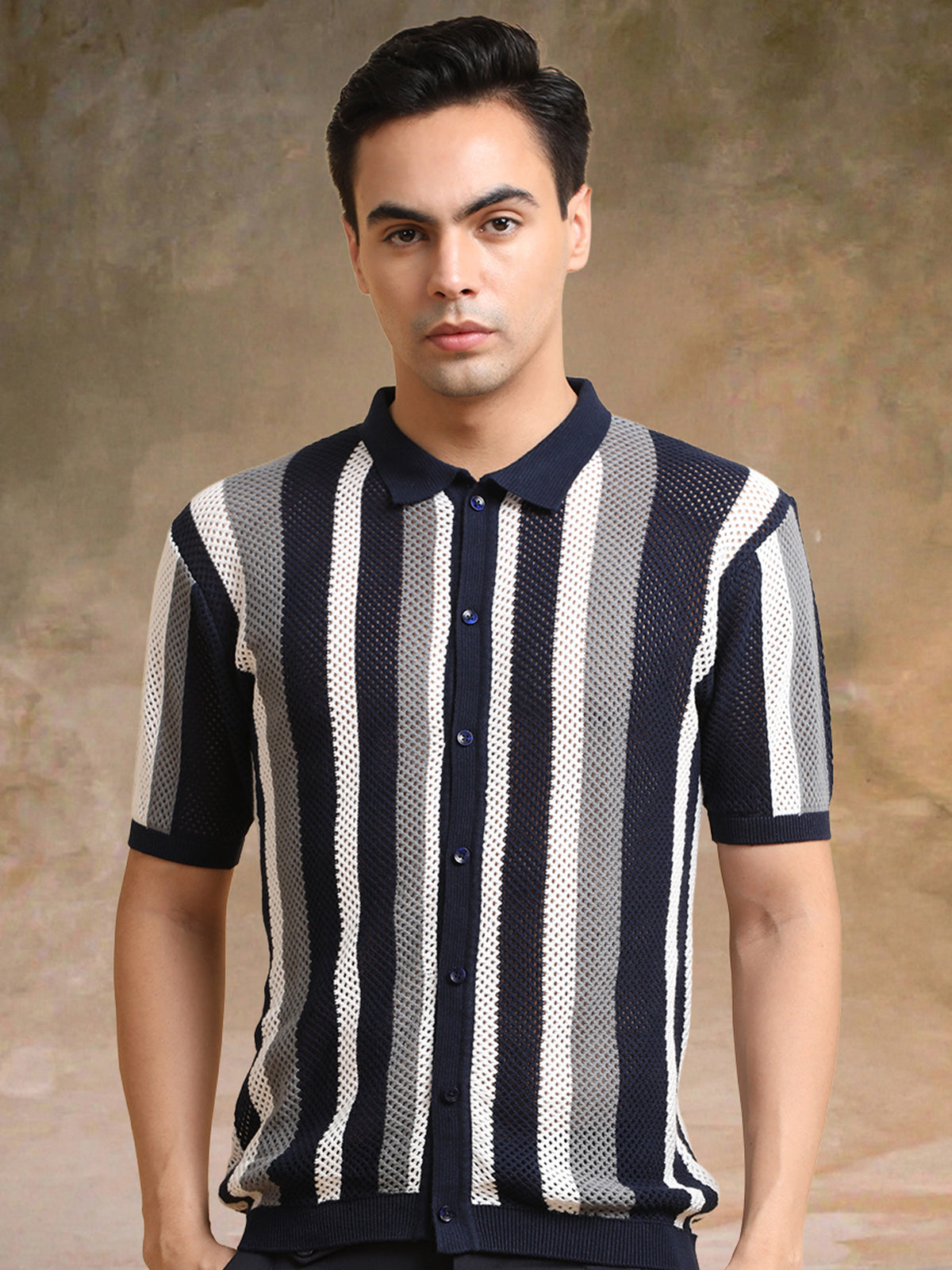 Navy half sleeve aero vertical stripe shirt for men - view 4