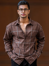 Embroidery Checks Brown Full Sleeve Shirt
