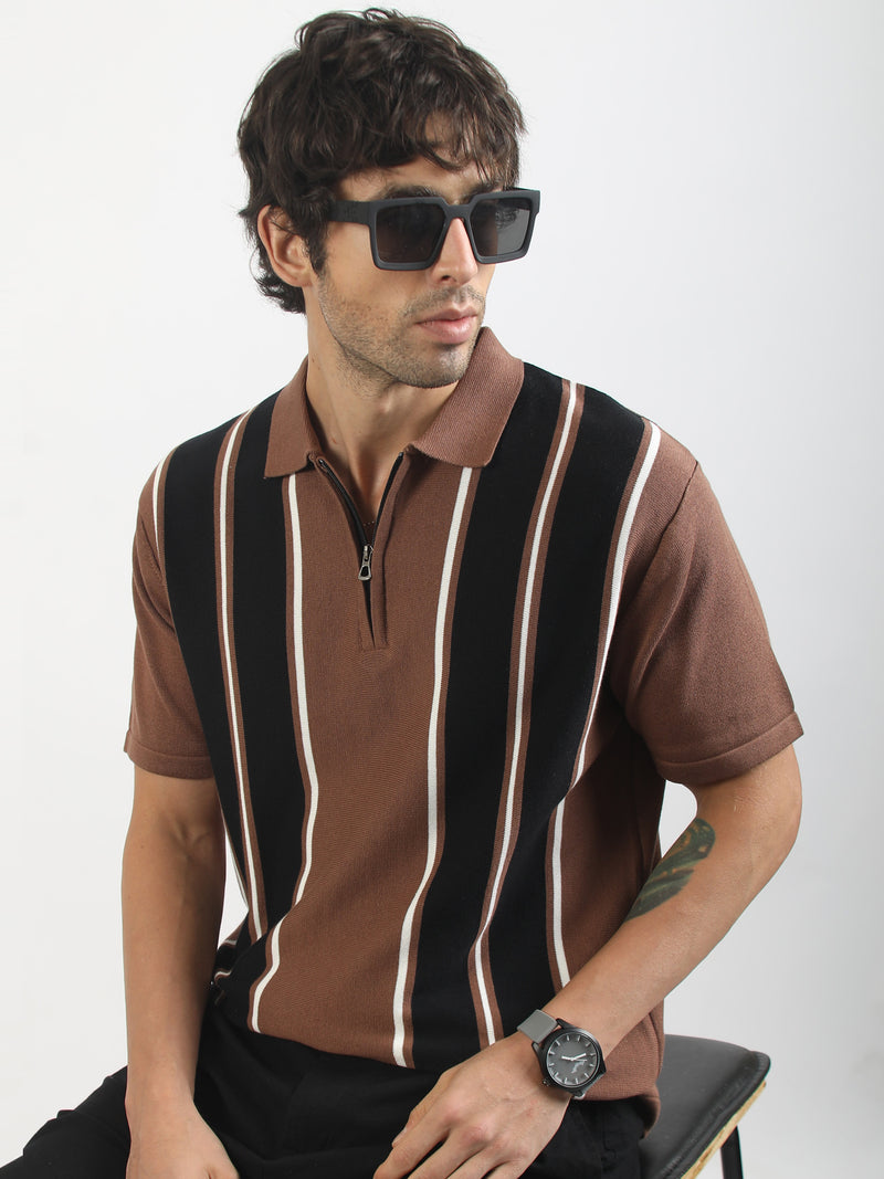 Brown Rome Stripes Flat-Knit Half Sleeve Polo T-Shirt