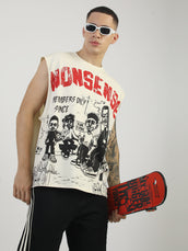 Nonsense Print Cream, Black Sleeveless T-Shirt