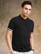 Black half sleeve drop needle flatknit polo t-shirt for men - view 4