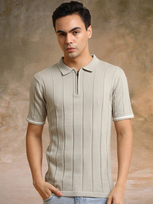 Drop Needle Beige Flatknit Half Sleeve Polo T-Shirt
