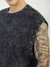 Washed Stud Black Sleeveless T-Shirt