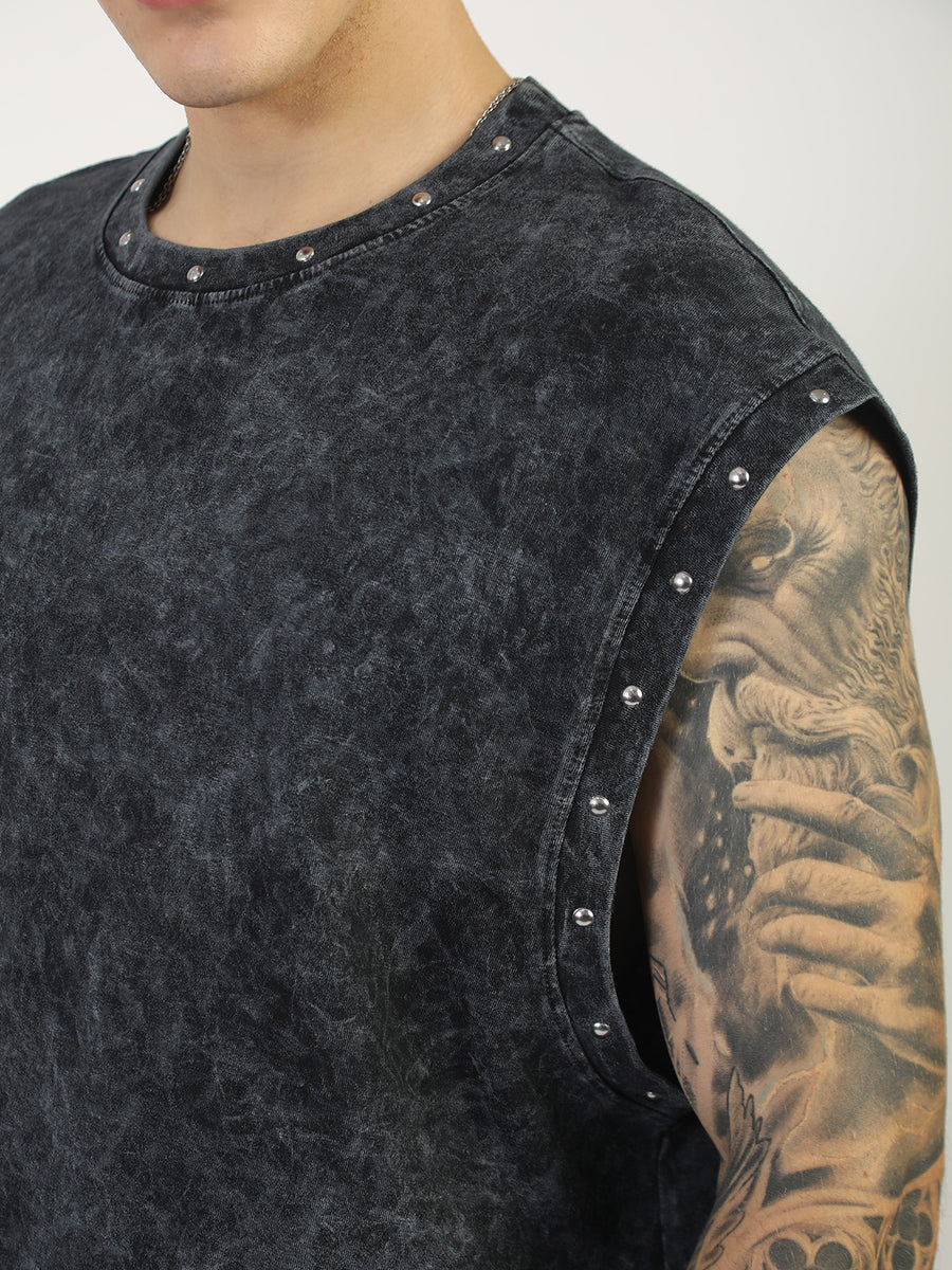 Washed Stud Black Sleeveless T-Shirt