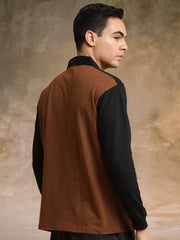 Colorblock Brown Full Sleeve Polo T-Shirt